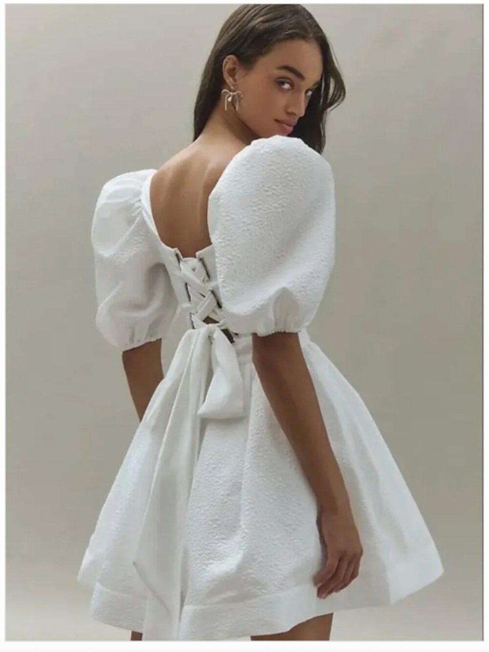 BHLDN Chloe Puff-Sleeve Square-Neck Jacquard Mini Dress Size Small